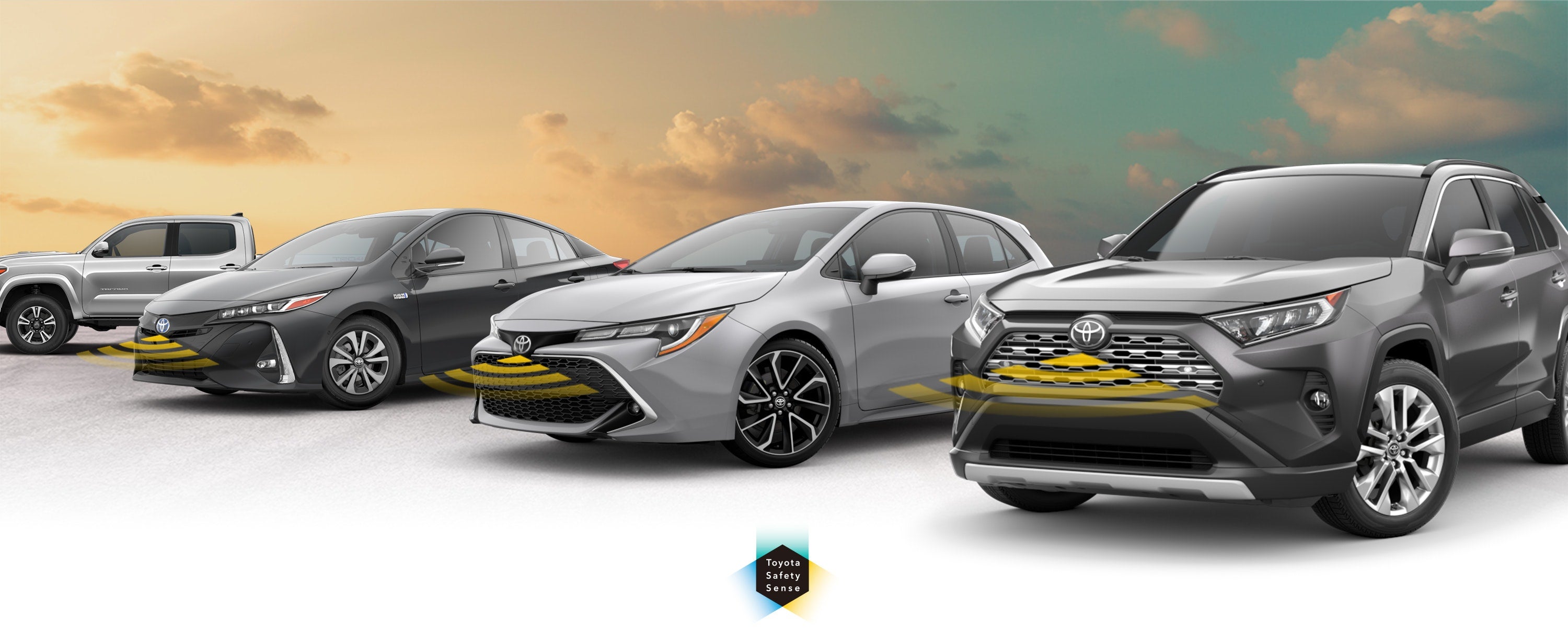 Toyota Safety Sense: Designed for Safety. Options shown on Toyota models including RAV4, Tacoma, and Camry, available now at Headquarter Toyota in Hialeah FL.